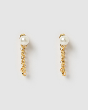 Izoa Callie Drop Stud Earrings Gold Pearl