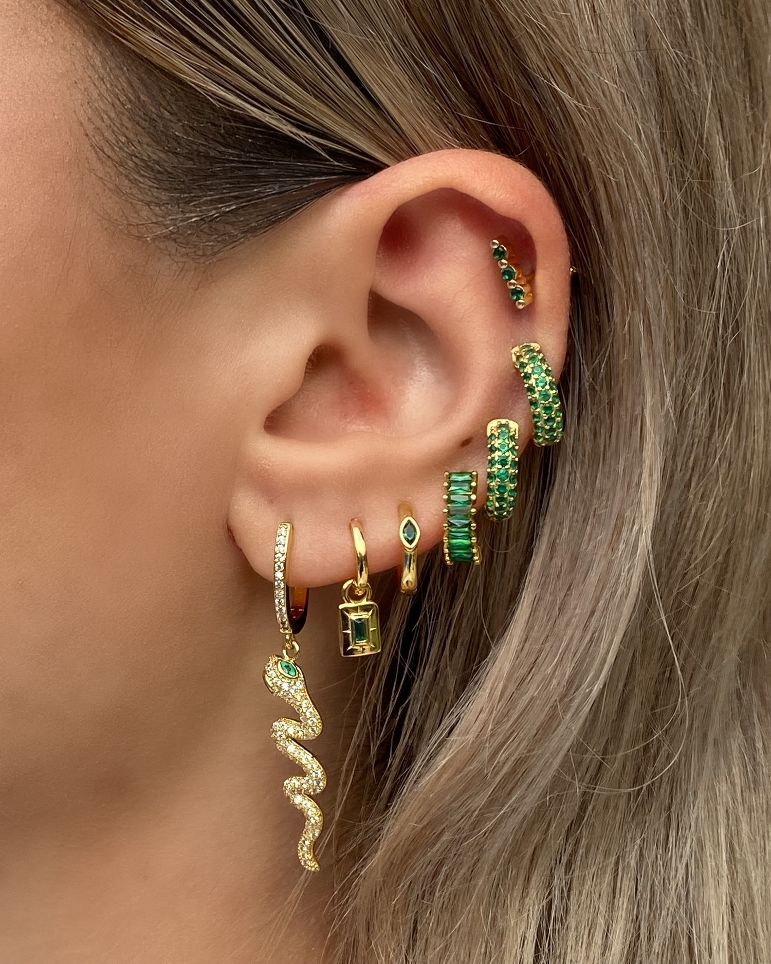 Izoa Celine Huggie Earrings Gold Green
