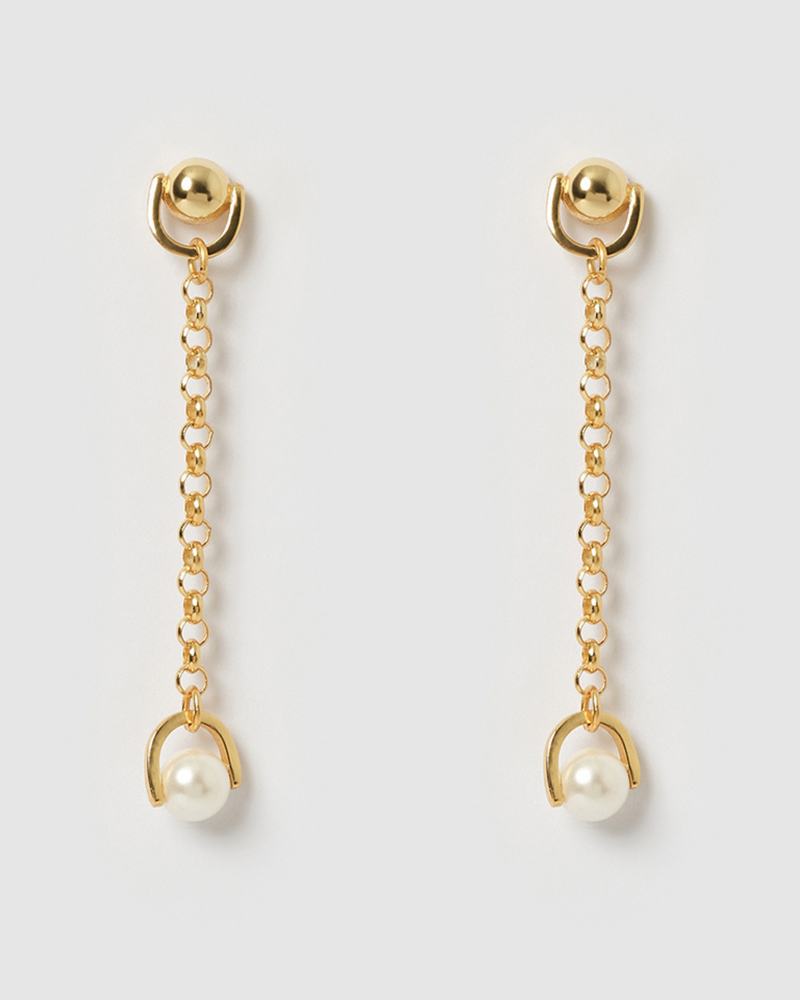 Izoa Mysty Drop Stud Earrings Gold Pearl