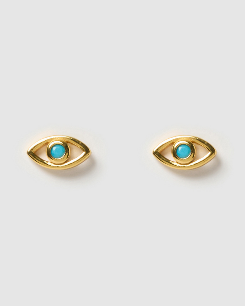 Izoa Felicia Evil Eye Stud Earrings Gold Blue