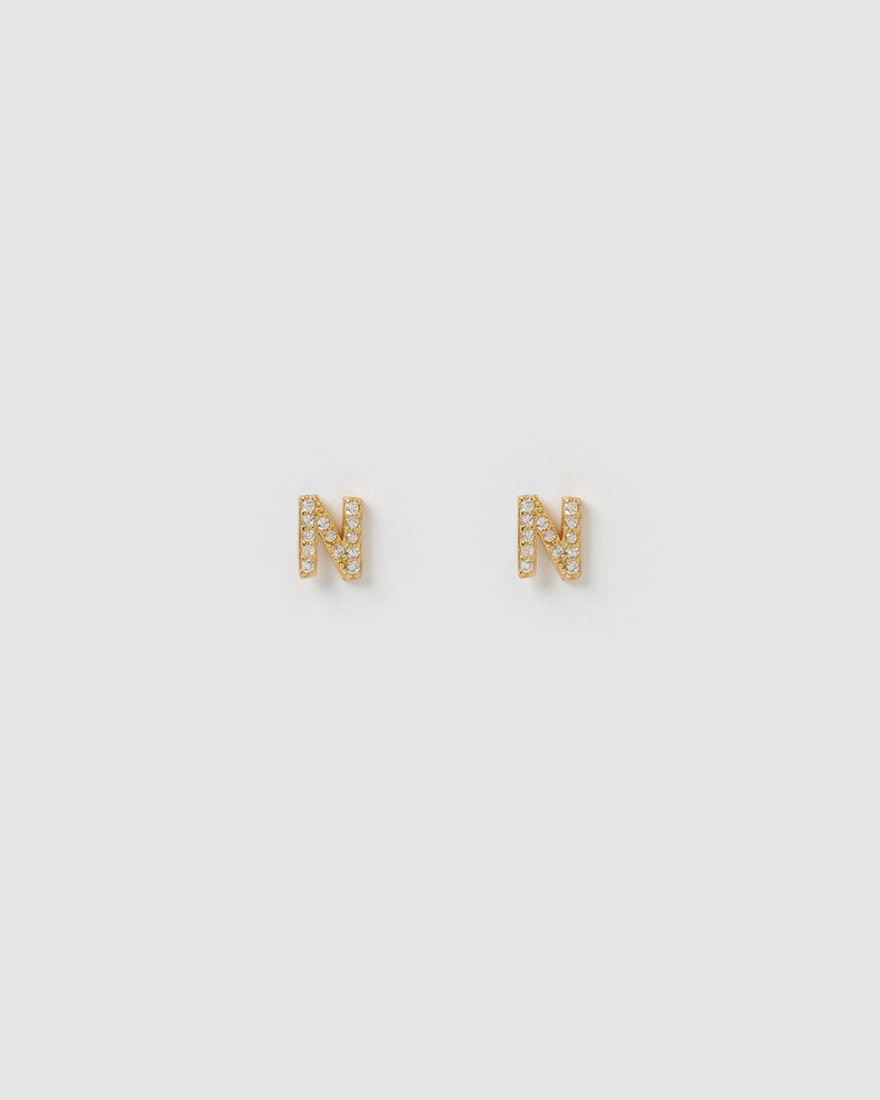 Izoa Alphabet Mini Letter N Stud Earrings Gold