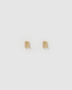 Izoa Alphabet Mini Letter R Stud Earrings Gold