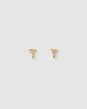Izoa Alphabet Mini Letter T Stud Earrings Gold