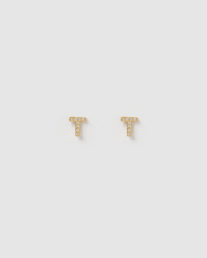 Izoa Alphabet Mini Letter T Stud Earrings Gold