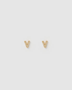 Izoa Alphabet Mini Letter V Stud Earrings Gold