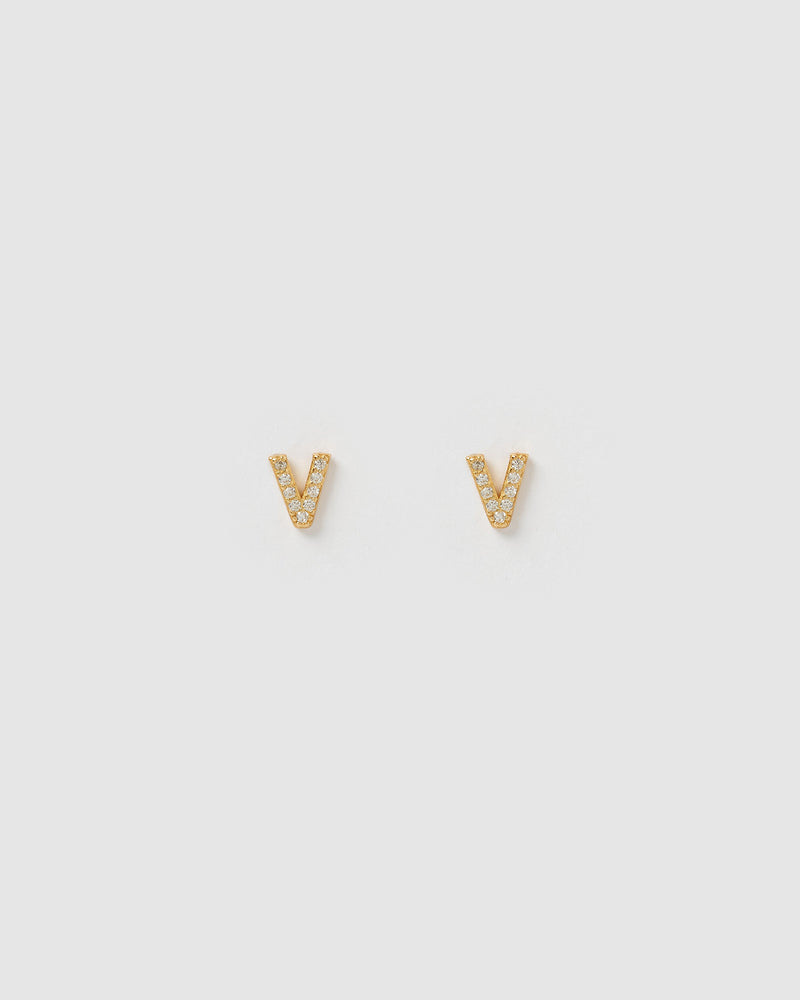 Izoa Alphabet Mini Letter V Stud Earrings Gold
