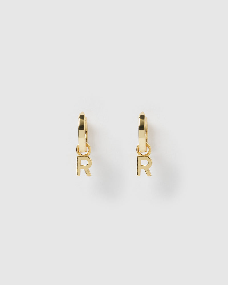 Izoa Alphabet Letter R Huggie Earrings Gold