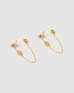 Izoa Davina Evil Eye Drop Stud Earrings Gold