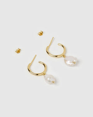 Izoa Enlighten Mini Hoop Earrings Gold Freshwater Pearl