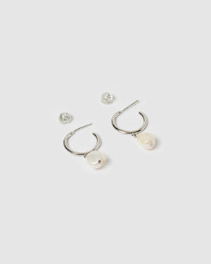 Izoa Enlighten Mini Hoop Earrings Silver Freshwater Pearl