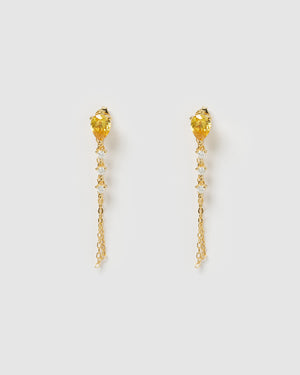 Izoa Lara Drop Stud Earrings Gold Citrine