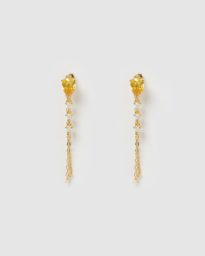 Izoa Lara Drop Stud Earrings Gold Citrine