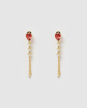 Izoa Lara Drop Stud Earrings Gold Red