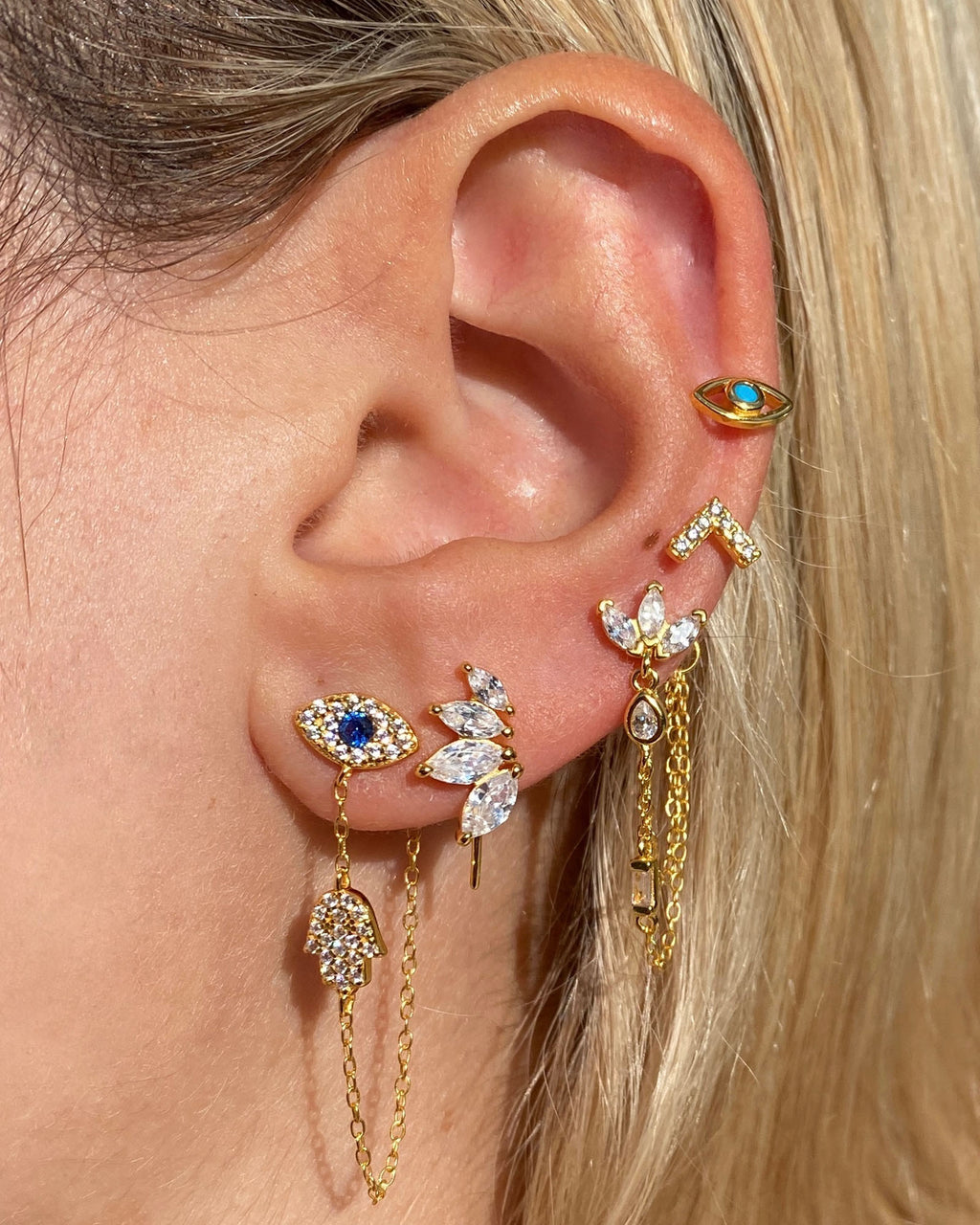 Izoa Davina Evil Eye Drop Stud Earrings Gold