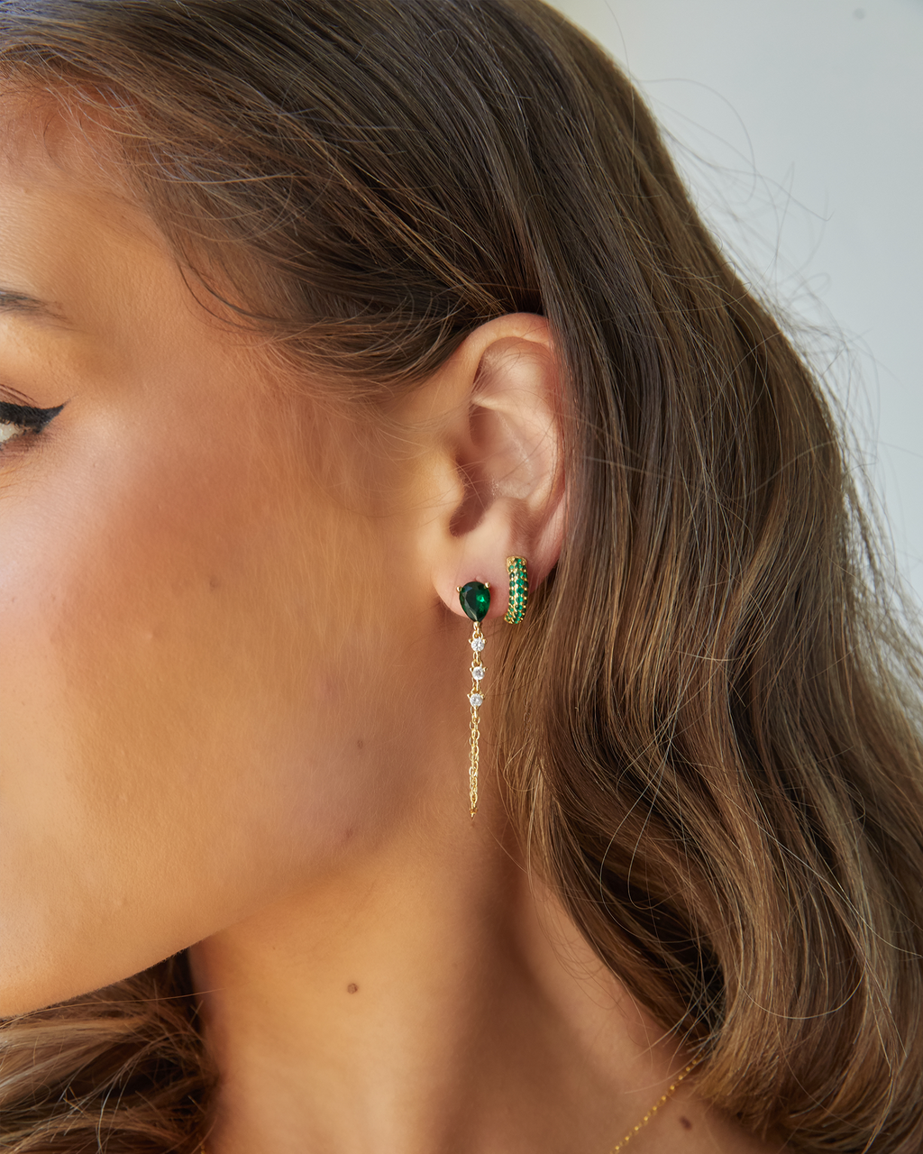 Izoa Lara Drop Stud Earrings Gold Green