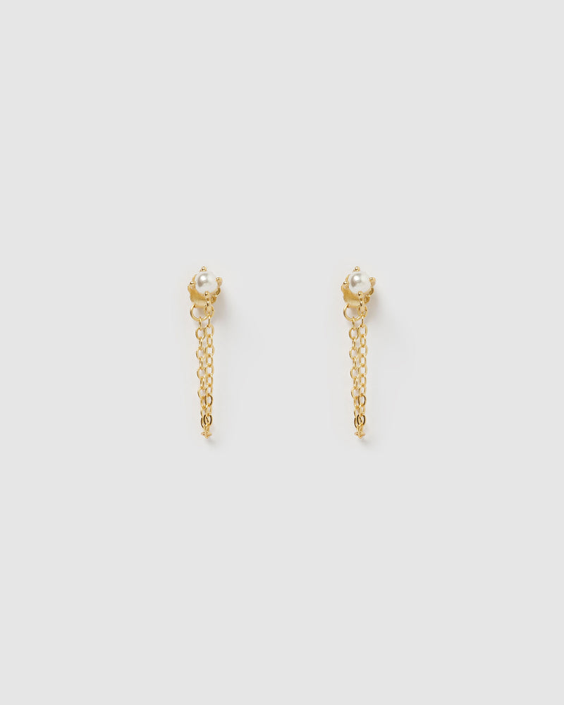 Izoa Savannah Drop Stud Earrings Gold Pearl